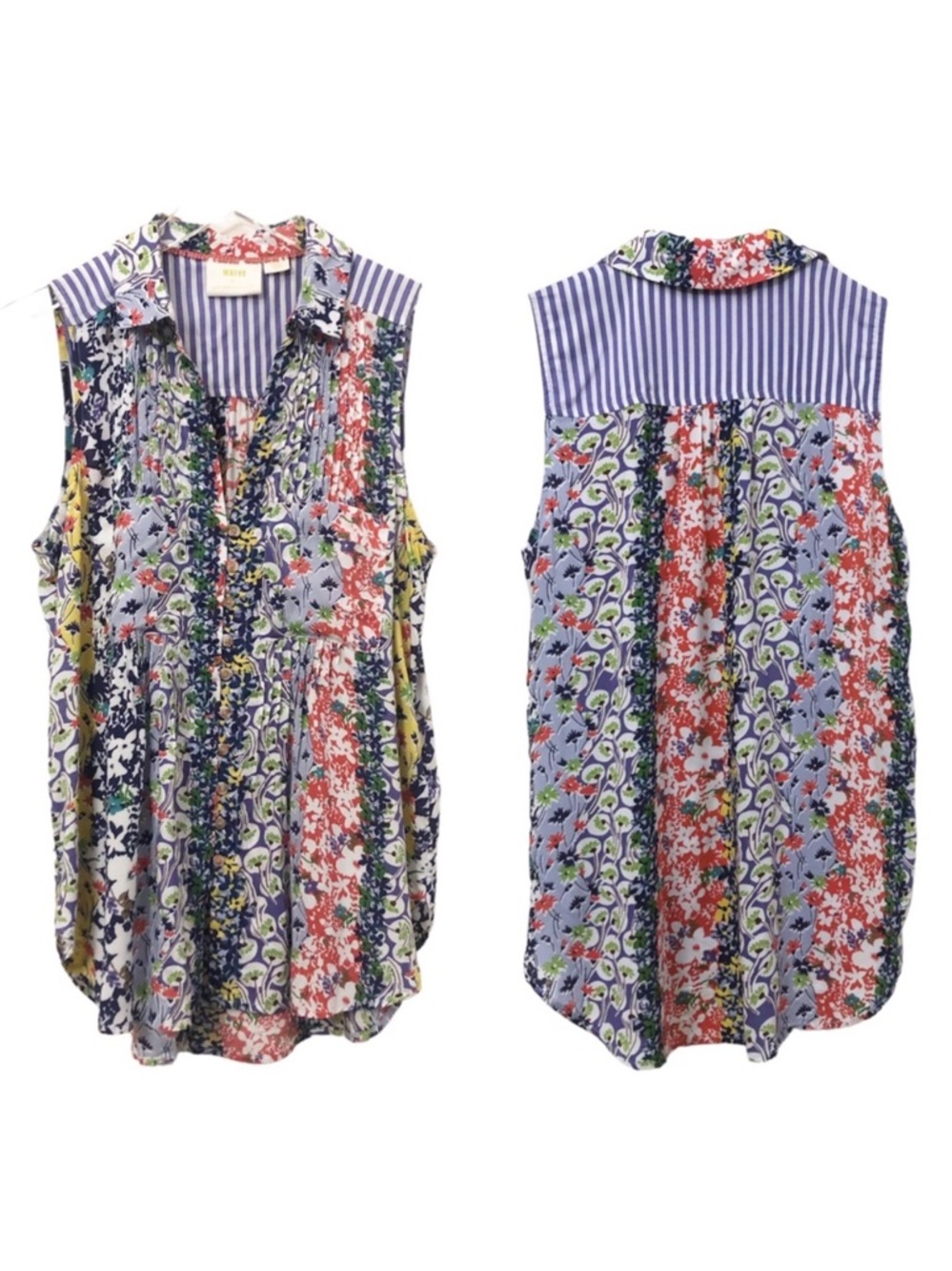 Anthropologie | Mixed Print Floral Pintuck Sleeveless Button Up Maeve Top